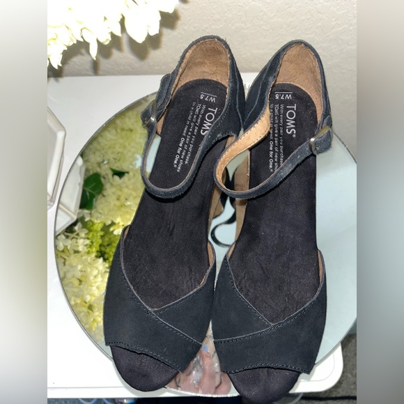 TOMS Black Suede and Cork Wedge Sandals - Picture 5 of 12